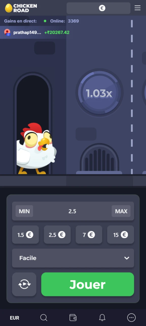 Lance le jeu Chicken Road et utilise le bonus qui s'y trouve.
