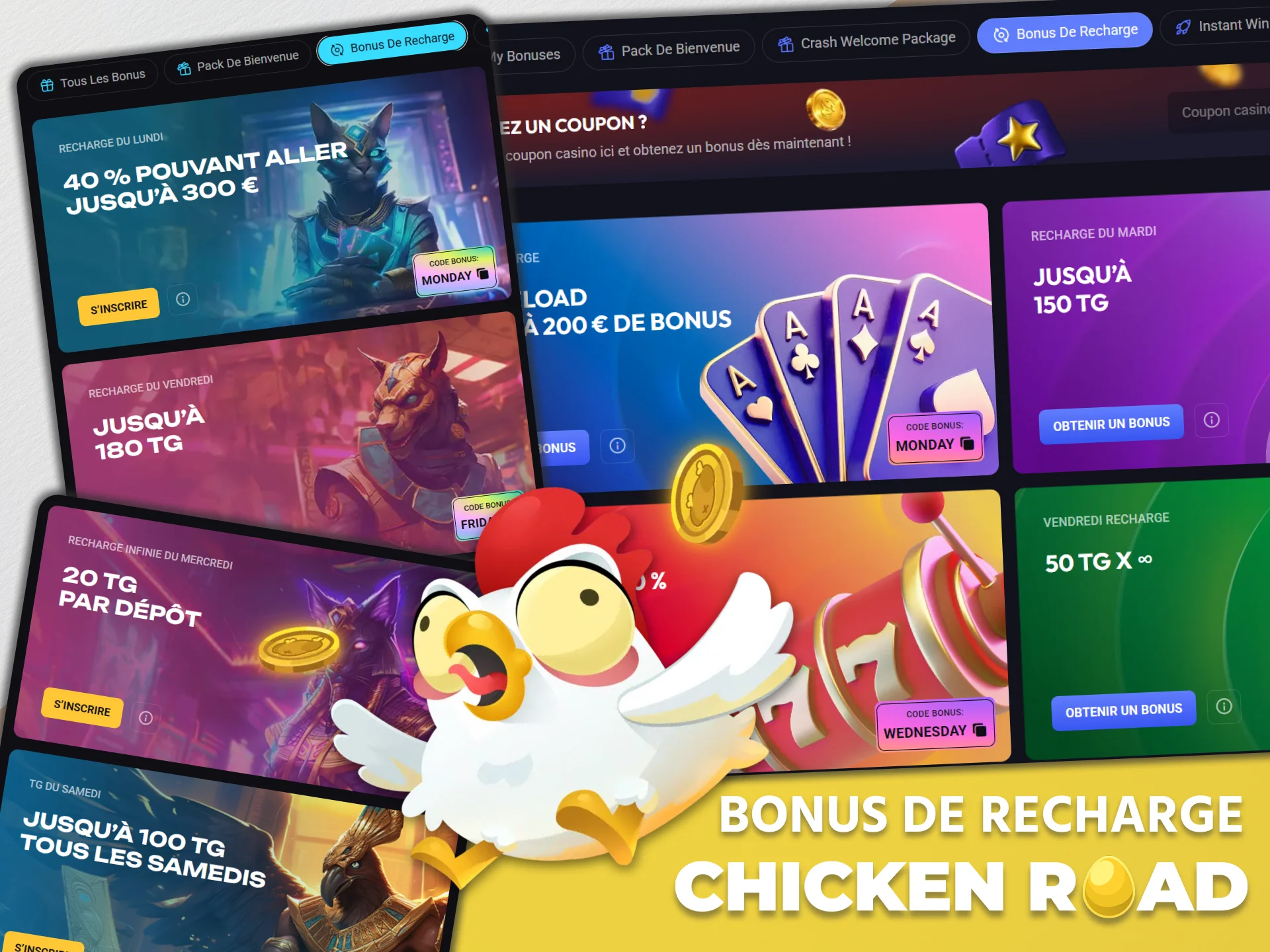 Des bonus de recharge sont disponibles dans les casinos où vous pouvez jouer à Chicken Road.