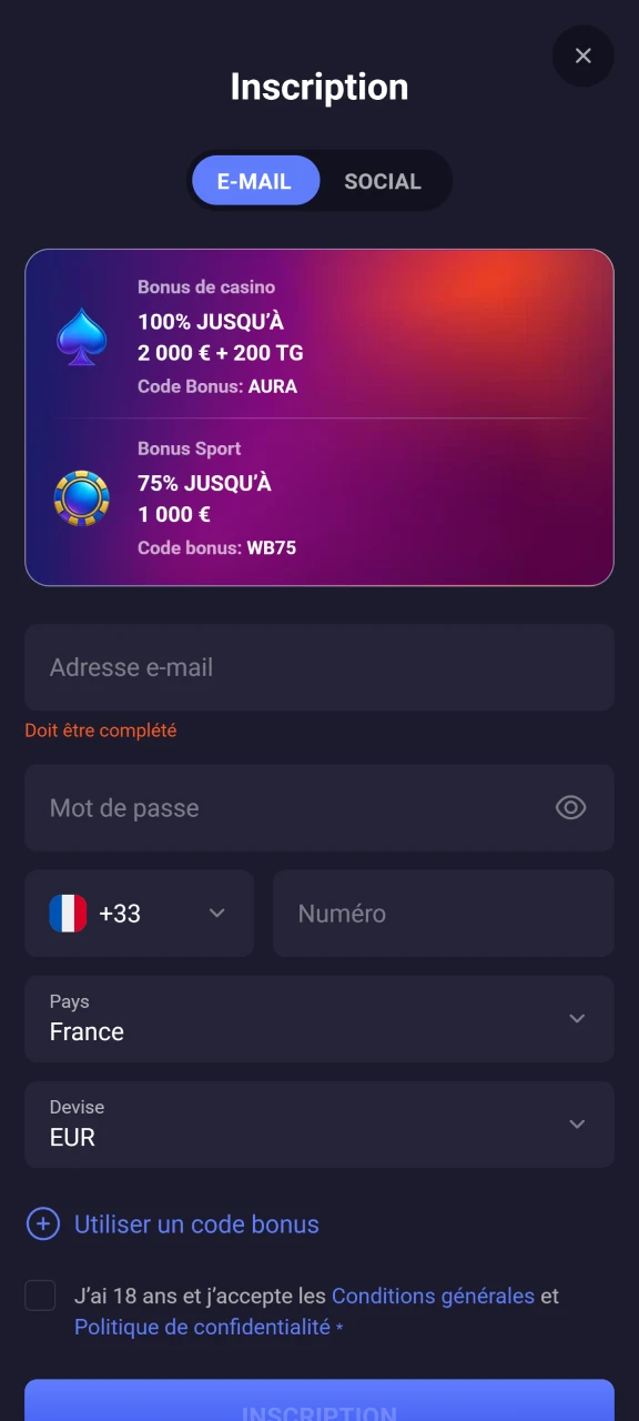 Entrez vos coordonnées pour vous inscrire au casino et jouer à Chicken Road.