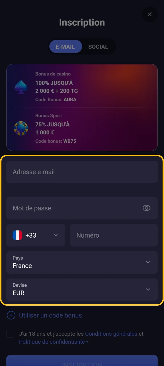 Remplissez les informations principales dans le formulaire d'inscription avant de jouer à Chicken Road.