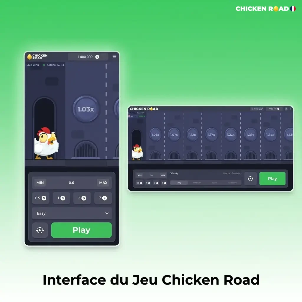 Interface épurée de Chicken Road avec terrain de jeu, commandes de mise, bouton cash-out et multiplicateurs en temps réel